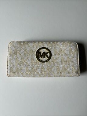 Michael Kors White and Gold MK Logo Zip Wallet